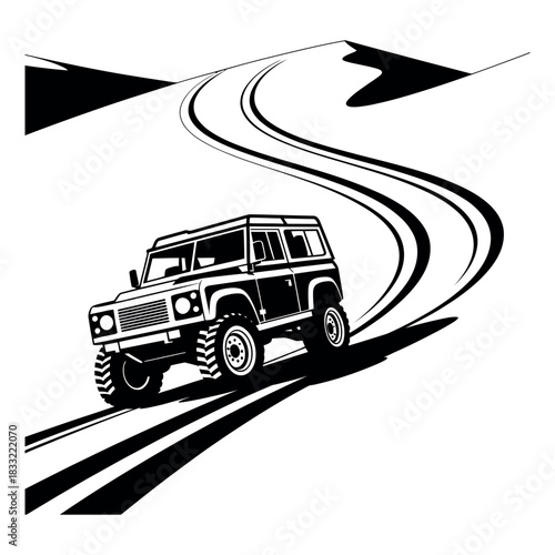Rugged off road vehicle navigating a winding dirt track with tire marks and directional arrows