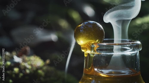Golden Liquid Dripping from a Glass Sphere on a Small Bottle in Nature essence
