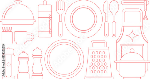 Red Outline Kitchenware Plates, Cutlery, Grater, Apron, and Cooking Utensils on White Background