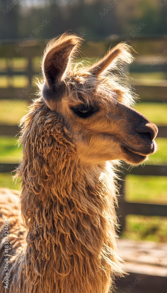 Obraz premium Charming llama portrait basking in sunlight a peaceful farm scene evokes warmth and gentle rural beauty
