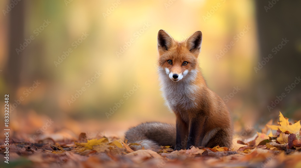 Fototapeta premium Charming fox portrait autumn leaves golden light wildlife serene forest scene nature photography beauty peaceful moment