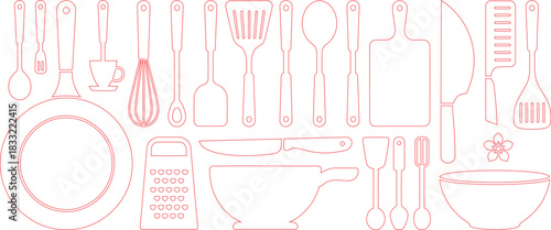 Red Outline of Kitchen Utensils Spoons, Spatulas, Whisks, Cutting Boards, Knives, Graters, Bowls, and More on White