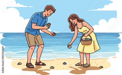 Couple collecting seashells on beach, summer vacation, ocean view, peaceful moment, nature activity, seaside lifestyle, outdoor leisure, coastal exploration, romantic walk