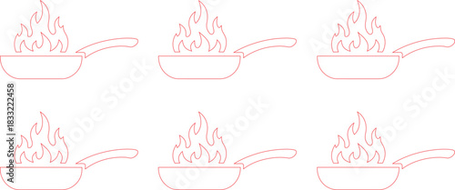 Red Outline of Six Frying Pans with Flames on a White Background, Cooking Theme
