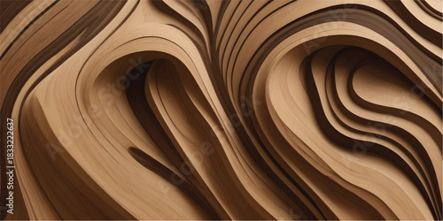Wooden texture background featuring a smooth dark chocolate swirl pattern with a creamy flowing wave design