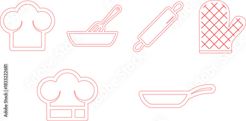 Red Outlined Kitchen Essentials Chef Hats, Skillet, Mixing Bowl, Rolling Pin, Oven Mitt Illustration