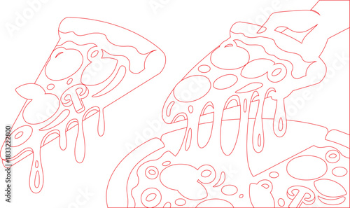 Red Outlined Pizza Slices with Dripping Cheese and Toppings, Isolated on White