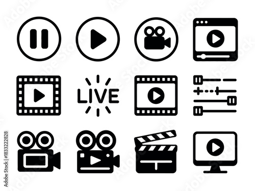 A grid of twelve black and white icons representing video playback, recording, and live streaming.
