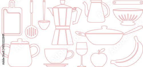 Red Outlines Kitchen Tools, Cookware, Coffee Maker, Tableware, Fruits, Cutting Board, Apple, Banana, White Background