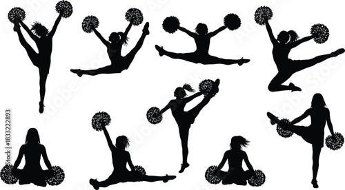 Cheerleader silhouette poses, pom-pom action, athletic jumps, dance moves, team spirit, black vector, sports energy, dynamic choreography, performance icons