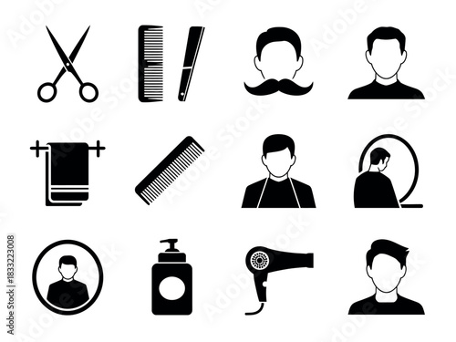A collection of professional barbering and grooming tools and icons is displayed on a white background.