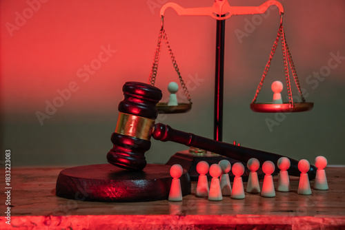 On the judge's scales, each bowl contains a human figure, and next to it, a line of other figures people awaiting trial. Social justice, comparison, inequality, judgment, public condemnation, reprisal
