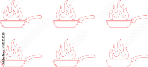 Six Red Outline Frying Pans with Flames, Culinary Concept, Cooking Illustration Background, White Space