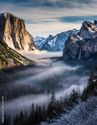 Serene Winter Landscape of Yosemite Valley with Majestic Cliffs