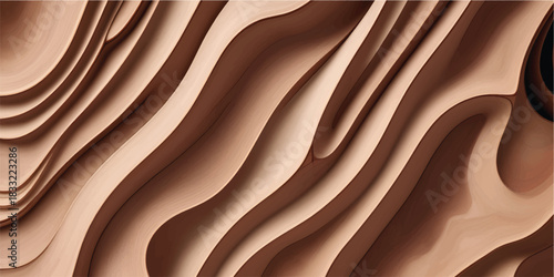 Flowing brown liquid silk fabric texture with soft waves and golden light backdrop pattern