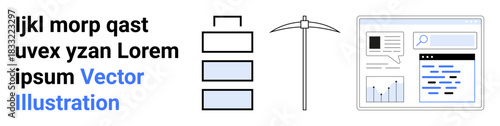 Data analysis, cybersecurity, financial growth, digital tools, web interfaces, mining imagery. a pickaxe, stacked bars and a web dashboard. Data analysis and cybersecurity concept