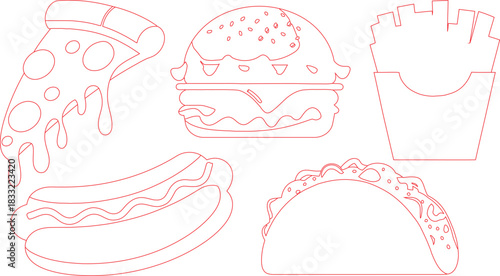 Red Outlines of Fast Food Pizza, Burger, Fries, Hot Dog, and Taco Illustration