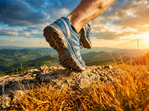 Challenge and freedom concept with a close-up of a trail runner's shoes on a mountain peak during a scenic sunset.