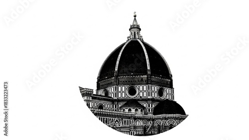 Illustration of the duomo di firenze in black and white with a distinctive dome and architectural details