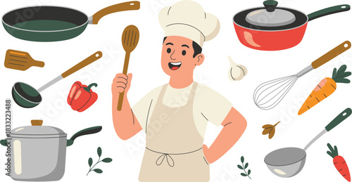 Smiling Chef with Cooking Utensils Pans, Whisk, Ladles, Spatula, Veggies Flat Illustration