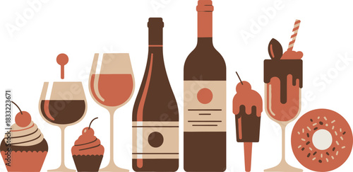 Stylized Illustration of Wine, Cupcakes, Chocolate Ice Cream, Drink, and Donut Against White