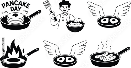 Whimsical Pancake Day Illustration Featuring a Chef Cooking Pancakes, Eggs, and Sausages in Various Frying Pans