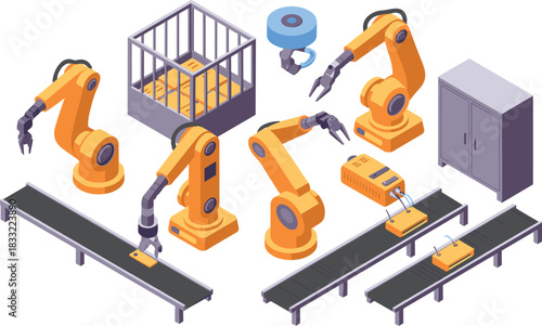 Automated manufacturing, robotic arms, conveyor system, industrial automation, smart factory, assembly line, precision handling, production workflow, isometric layout, electronics