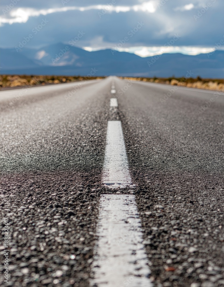 Naklejka premium Endless Road Stretching into Distant Mountains Under Dramatic Sky