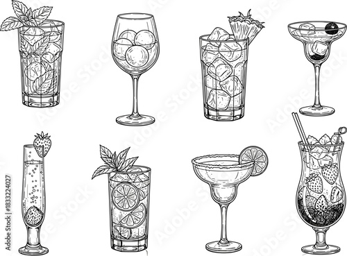Cocktail glass illustration set, beverage icons, drink garnish, black line art, bar menu design, mixology sketch, stylish vector