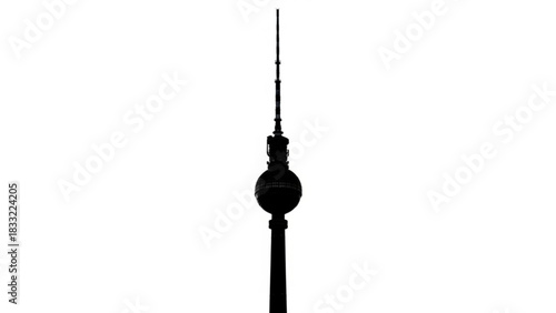 Silhouette of the berlin television tower rising against a stark white background in a minimalist style