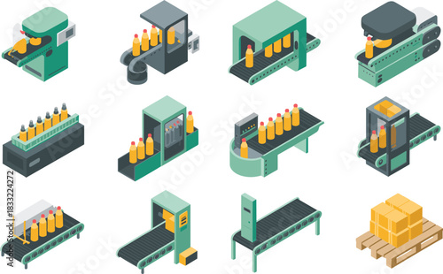 Isometric bottling line, beverage production, juice packaging, conveyor system, factory automation, industrial workflow, soda bottling, manufacturing process, pallet shipment, orange liquid
