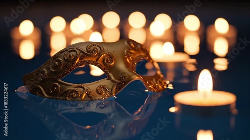 Elegant golden mask floating serenely on water with candle lights reflecting gently