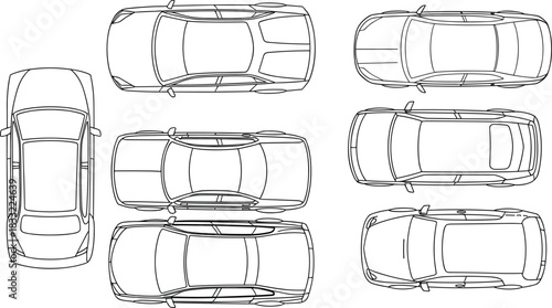 Top view, black and white, car layout, parking grid, vehicle arrangement, schematic design, transport planning, automotive concept, urban mobility, traffic flow
