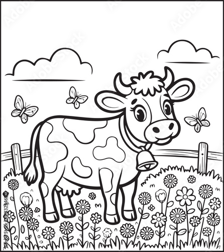 Cute cow standing in a natural field coloring page for kids, Farm animal black line art vector illustration for children book design 