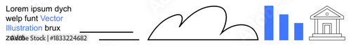 Cloud computing, financial services, data analysis, education, digital infrastructure, institution management. Abstract cloud, graph bars and building icon. Cloud computing and financial services