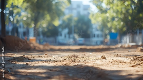 Close up view captures dry earth mounds along a sunny urban construction site pathway