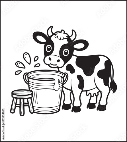 Cute dairy cow standing beside milk pot coloring page for kids, Farm animal black line art vector illustration for children book design 