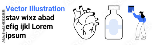 Healthcare, medical education, pharmaceuticals, anatomy studies, modern treatment, and health awareness. A heart diagram, medicine bottle and person with a capsule. Healthcare and pharmaceuticals