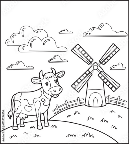 Cute cow standing in a field on natural scene coloring page for kids, Farm animal black line art vector illustration for children book design 