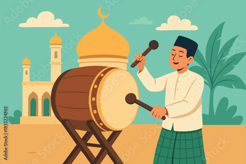 a man beats a bedug during Eid