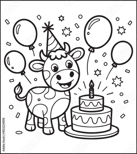 Cute cow enjoying celebrating birthday coloring page for kids, Farm animal black line art vector illustration for children book design 