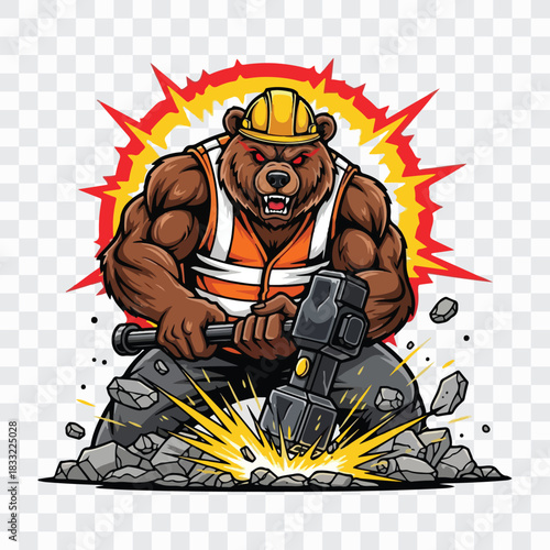 A muscular bear construction worker is using a sledgehammer to break rocks, wearing a yellow hard hat and an orange safety vest, with a fiery explosion in the background, cartoon style