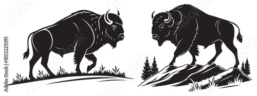 Two majestic bison depicted in a striking black and white woodcut style