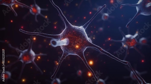 3D neural network animation with neurons sending electrical impulses, soft glowing light