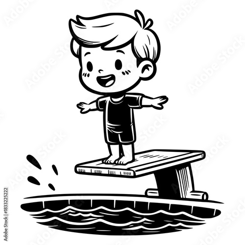 a young boy smiling and happy, standing on a diving board above a swimming pool filled with water vector image illustration