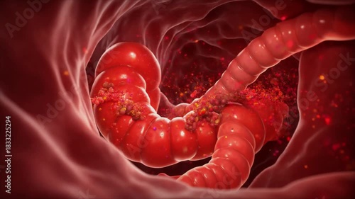 3D microscopic illustration of red blood cells flowing through a blood vessel, showing detailed vascular texture and fluid movement.