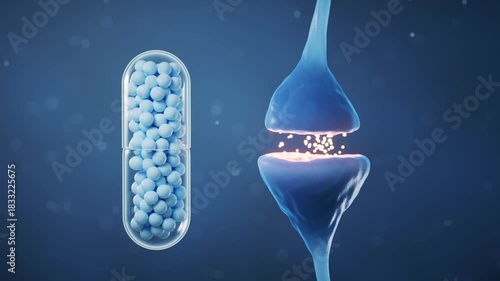 3D illustration of neurons communicating through a synapse, showing glowing neurotransmitters and detailed nerve cell structure in a microscopic neural network.