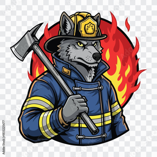 A determined wolf firefighter stands ready for action, clad in a vibrant blue uniform with yellow stripes, holding an axe against a backdrop of fiery flames, showcasing bravery and dedication