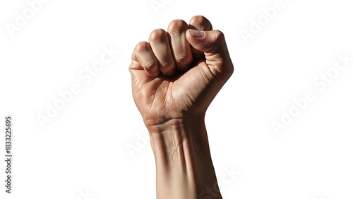 Close up of a raised clenched fist symbolizing power strength and protest isolated on transparent background