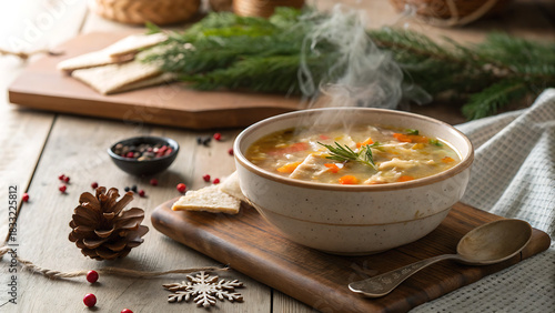 Bowl of hot chicken noodle soup with steam on a rustic wooden table